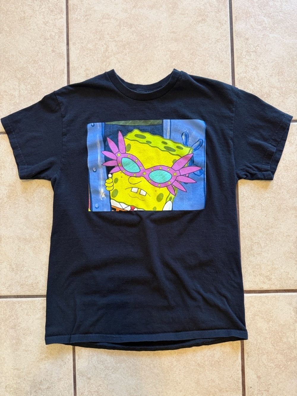 SpongeBob Squarepants Black Tee with Pink & Blue Graphic